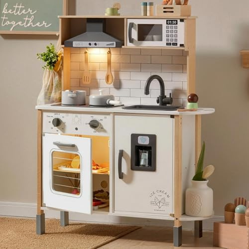 Tiny Land Kinderküche Holz für Kinder mit Licht & Sound, 18-TLG. Zubehör Set, 3-Fach Höhenverstellbare Spielküche für Kinder, Montessori Spielzeug Küche für Jungen & Mädchen, Weiß