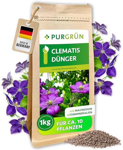 Purgrün® Clematis-Dünger 1 kg – Organisch-mineralische Rezeptur – Feinkörniges Krümelgranulat – NPK 5+4+6 – Extra Magnesium für prächtige Blüten & Kletterkraft – Verbessert die Bodenqualität