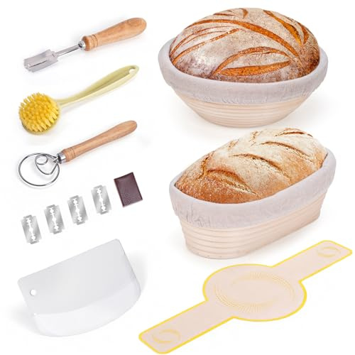 Gärkorb Set, Brotkörbchen Set 23cm Runde und 25cm Ovale Brot Gärkörbchen mit Werkzeug zur Herstellung von Sauerteigbrot von Thyme Space