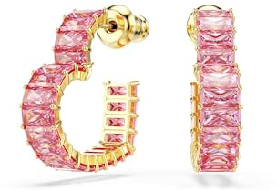 Swarovski Matrix Kreolen, Mehrfarbige und Vergoldete Ohrringe im Herz-Design mit Pinken Swarovski Kristallen im Baguette-Schliff, Größe: 1.9 x 0.5 cm