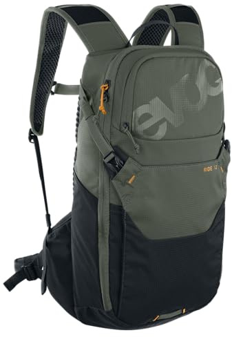 EVOC RIDE 12 + HYDRATION BLADDER 2 Rucksack, dark olive - black | Protektor Fahrradrucksack, Trekkingrucksack für Trails & Alltag, cleveres Taschenmanagement, AIR-PAD-Rückenpolsterung