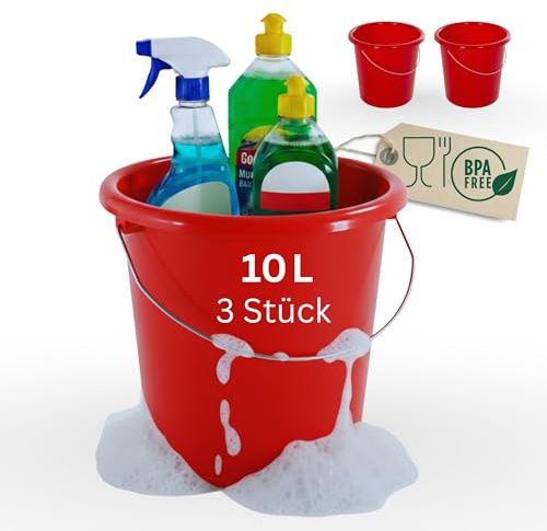 Novaliv 3 Stück Eimer 10L Rot mit Maßeinteilung - Putzeimer 10 Liter ? 28,5 cm Praktischer Allrounder mit Skala für Haushalt & Garten ideal als Haushaltseimer, Wassereimer, Wischeimer, Bucket