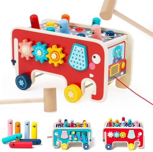 NUKied Klopfbank Holz mit 2 Schlägeln,Hammerspiel ab 1 Jahr,Klopfbank Schlagen Elefant Spiel,Frühkindliche Bildung Holzspielzeug Geschenke für Jungen und Mädchen