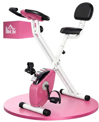 HOMCOM Heimtrainer Fahrradtrainer klappbar Magnetisch Hometrainer Fahrrad mit LCD Monitor, 8 stufig einstellbarem Magnetwiderstand Räder, Leise Platzsparend Fitnessbikes für Zuhause Rosa+Weiß