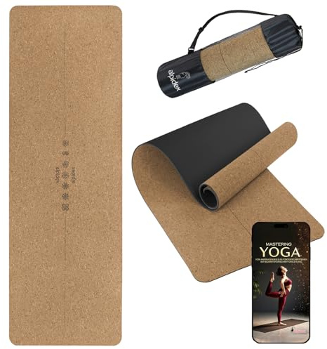 ALPIDEX Kork Yogamatte 183 x 61 x 0.6 cm E-Book Fitness Pilates Matte Schadstofffrei Rutschfest Tragetasche Hilfslinien Natürlicher Kork Yoga Mat, Black