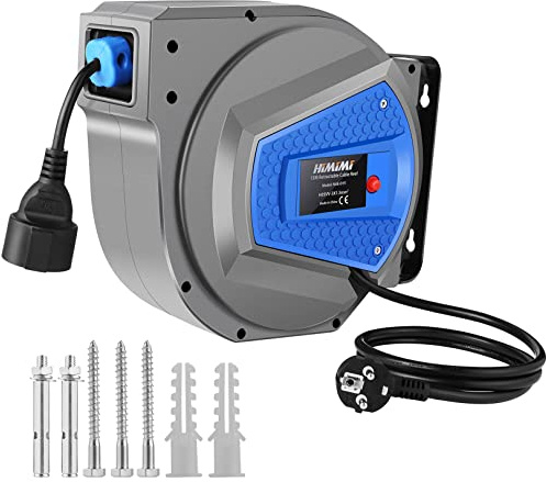 Himimi Automatik Kabeltrommel 15m + 1m 1500W ~ 3000W Kabelaufroller Automatisch Stromtrommel Schlauchaufroller, Verlängerungskabel außen Wandmontage, Überlastschutz, Wand Deckenmontage, 180° drehbar