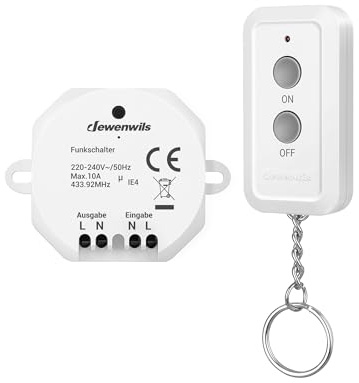 DEWENWILS 230V Funkschalter-Set mit 1 Empfänger und 1 Fernbedienung, 30 m Reichweite, ohne Verkabelung, kabelloser Lichtschalter bis 2300 W, erweiterbar, Weiß