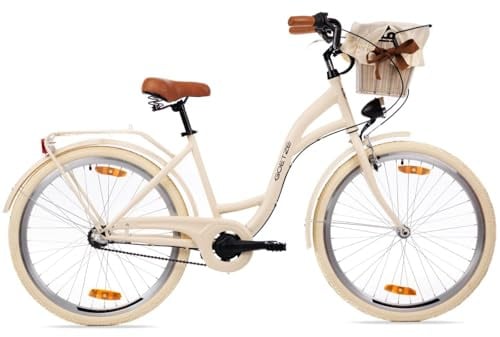 Goetze Style 26 Zoll Citybike, 17 Zoll Tiefeinsteiger Rahmen, 3-Gang Nabenschaltung, Rücktrittbremse, V-Bremse vorne, LED-Beleuchtung, Rattankorb, Komfortsattel, mit Seitenständer & Klingel