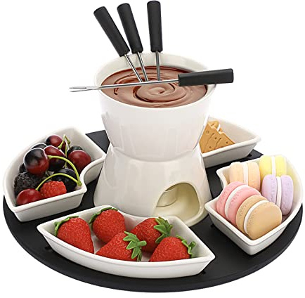 SUMNACON Keramike Schokofondue-Topf-Set mit Holzpalette 4 Gabeln 4 Tellern | Schoko Fondueset Käsefondue für Schokolade Käse Fondue Familienessen Nachtisch Picknicks Geburtstagsfeiern Urlaubsfeiern