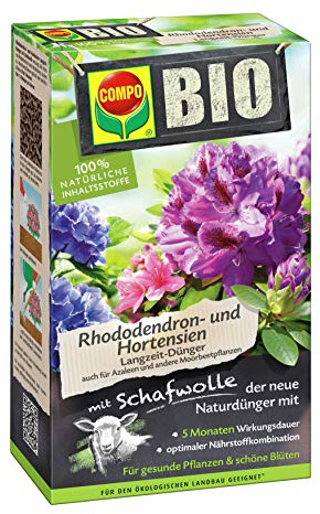 COMPO BIO Rhododendron- und Hortensiendünger, Pflanzen-Dünger für alle Rhododendren und andere Moorbeetpflanzen, 5 Monate Langzeitwirkung, 2 kg