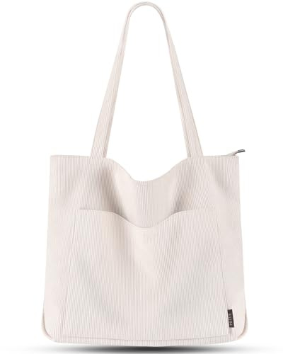Prite Handtasche Damen Tote Bag Shopper Groß Umhängetasche Cord Beuteltasche Stofftasche für College Schule Arbeit Reisen Einkaufen (Beige)