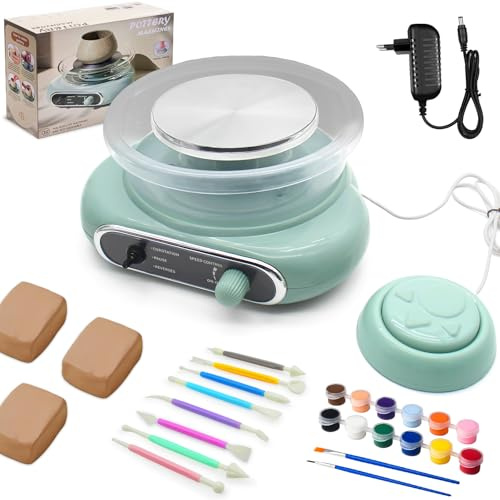 fisca Mini-Töpferscheibe, 4,7 Töpferscheibe für Kinder, Jugendliche und Erwachsene Anfänger, Plug-In-Motor, 1,32 lbs luftgetrockneter Ton, Bastelset für DIY, Keramikarbeiten und Kunstschaffen