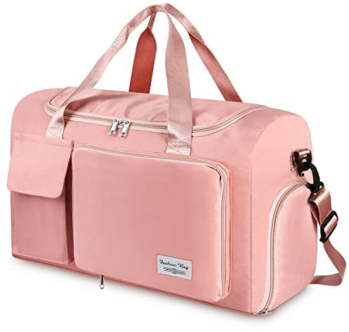 WT Faltbare Reisetasche Sporttasche, 35L Gepäcktasche Große Weekender Urlaubstasche Trainingstasche Handtasche Wasserdicht Sauna Gym Shopping Bag für Herren Damen mit Gepäckanhänger(Rosa)