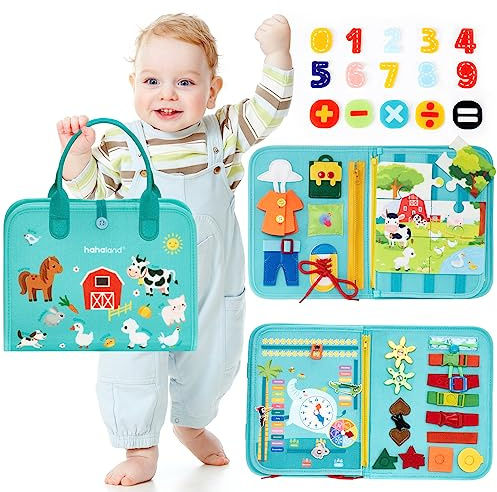 hahaland Busy Board Montessori Spielzeug, Interaktives Lernspielzeug und Motorikspielzeug für Kinder 3+ mit 15 Aktivitäten, Activity Board für Reise Autofahrt Flugzeug, Busy Book Geschenk 3 Jahre