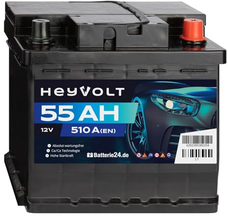 HeyVolt Autobatterie 12V 55Ah 510A/EN Blei-Säure | Langlebig, Kompatibel mit PKW