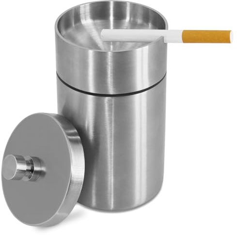 HONZUEN Aschenbecher für Draussen mit Deckel, Windaschenbecher Edelstahl | Stabile Konstruktion | Wind- und wetterfest | Geschlossener Deckel reduziert Asche & Gerüche | Für Balkon, Garten & Terrasse