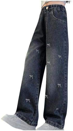 XINYUNZU Baggy Jeans Mädchen Weites Bein Jeanshose mit Gummizug Wide Leg Outdoorhose Breite Hose High Waist Freizeithose Pants Girls Mode Hosen für Kinder Frühling Sommer Marine 11 Jahre