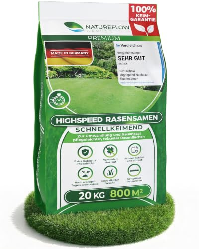Rasensamen schnellkeimend Sommer 20kg – TEST SEHR GUT – Grassamen schnellkeimend Rasen Nachsaat Made in Germany – Rasensaat 800qm - Rasensamen Sommer Samen von Natureflow