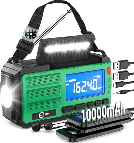 Esky Kurbelradio, 10000mAh Solar Notfallradio mit AM/FM Wiederaufladbare Weltempfänger, USB Lader, LED Taschenlampe&Leselicht, SOS-Alarm & Kompass, Tragbar für Camping, Notfall, Blackout, Geschenkidee