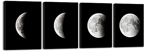 Wieco Art Giclée-Kunstdruck auf Leinwand, Motiv: Mond, groß, modern, abstrakte Weltraum-Bilder; gespannt und gerahmt auf Leinwand, fertig zum Aufhängen für Wohnzimmer, Schlafzimmer, Heimbüro, Dekorationen, schwarz / weiß, 12x16inchx4pcs (30x40cmx4pcs)