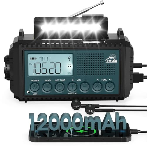 Roxicosly Kurbelradio, Notfallradio mit 12000 mAh Power Bank, AM/FM Baustellenradio, Kurbel & 5-Wege Solar Radio mit Weltempfänger, Als Taschenlampe & Ladegerät, für Outdoor, Camping, Notfall