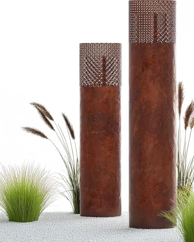 BENTSON Windlichtsäule Rost Design I 2er Set I Deko-Säule für Garten im Industrial Design I Garten Windlicht für draußen und drinnen I Rost Laterne inklusive Kerzen I Orientalisch I 95cm + 75cm