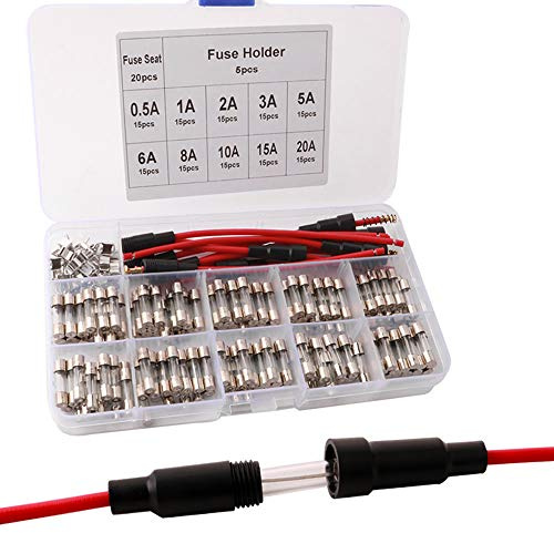 QitinDasen 150Pcs Professionell 5 X 20mm Auto Glasrohrsicherungen, Schnelle Schlag Glassicherung, Fast Schlag Glas Sicherungen, mit 20Pcs Sicherungssitz und 5Pcs AGC Sicherungshalter