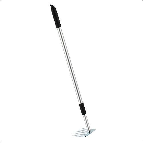 Kleinrechen mit Teleskopstiel, 5 Zinken Gartenrechen aus Stahl | Verstellbare Harke von 62 bis 104 cm, schmaler Blumenrechen mit 9 cm Arbeitsbreite, ideal für Beete und Balkonkästen