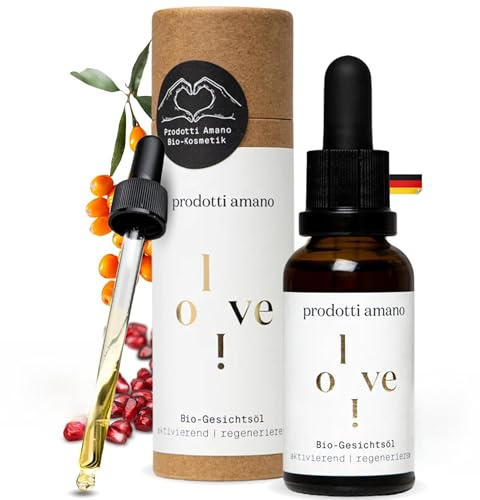 Prodotti Amano Gesichtsöl 30ml, 100% Organic Face Oil für Damen & Herren | Regenerierend & schnell einziehend, Anti Aging Bio Öl mit Vitamin E für alle Hauttypen, Vegan, Ohne Silikone & Parabene