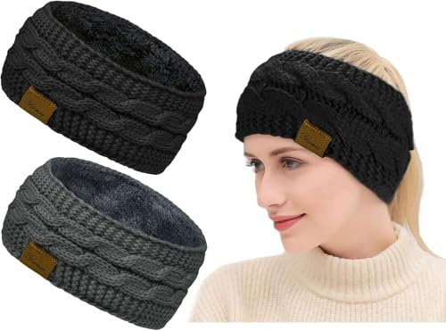 Winter Schleifen Stirnband Damen Gestrickt Warmes Stirnbänder Ohrenwärmer | Kopfband Haarband Verdicken für Frauen Mädchen, Elastische Häkelarbeit Thermo Stirnband (Reines Schwarz, reines Grau)