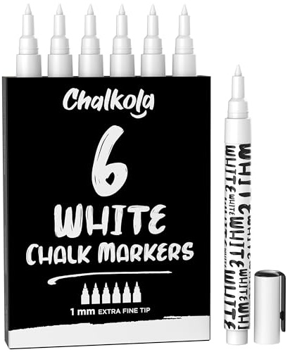 Chalkola 6 Kreidestifte für Tafel Abwaschbar – Kreidestift Weiß für Fenster | 6 Kreidemarker Weiss 1mm Extra Feine Spitze - Tafelstifte & Glasstift, Chalk Marker für Auto, Spiegel & Bistro, Fensterstifte