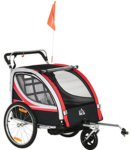 HOMCOM 2 in 1 Kinderanhänger klappbar Fahrradanhänger mit abnehmbarem Vorderrad, Hinterradbremsen, Kinderfahrradanhänger für 2 Kinder ab 18 Monate, bis 26,4 kg belastbar, Rot