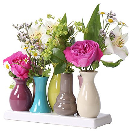 Mini Blumenvasen Set 7er aus Keramik auf Sockel – Kleine Keramikvasen bunt für einzelne Blumen – Modernes Deko Vasenset für Tischdeko, Wohnzimmer, Fensterbank & Esstisch