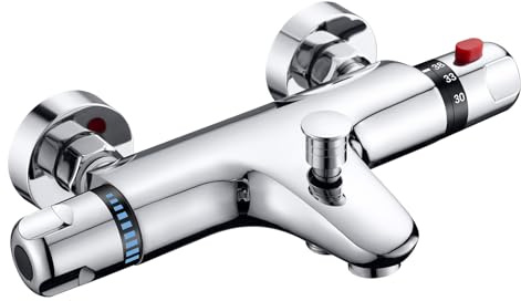 Badewannenarmatur mit Thermostat Aufputz Wannenarmatur mit Thermostat | Chrom Mischbatterie Dusche Thermostat, 2 Funktionen Messing Duscharmatur für Badewanne mit 38 °C Sicherheitstaste