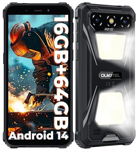 OUKITEL G5 Outdoor Handy - Android 14 Outdoor Smartphone Ohne Vertrag mit Doppel-Campinglicht, 6.0” HD,6300mAh,16GB + 64GB/1TB,13MP+5MP Kamera,IP68 Wasserdicht, Dual SIM/GPS/OTG/Face ID/BT5.0, Schwarz