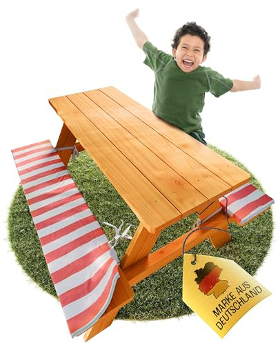 FRIEDO - Kindersitzgruppe inkl. Polsterauflage - Gepürfte Kinder Gartenmöbel - Sitzgruppe Kinder Outdoor perfekt für den Garten oder als Picknicktisch - Kindersitzgarnitur aus Holz