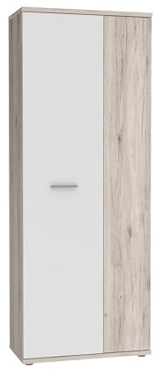 FORTE NET106 Schrank 70 180, Mehrzweckschrank klein, Staubsaugerschrank, Abstellraum, Drehtürenschrank, 2-türig mit Einlegeböden, Weiß mit Holzdekor: Sandeiche, 69 cm breit x 179 cm hoch x 35 cm tief