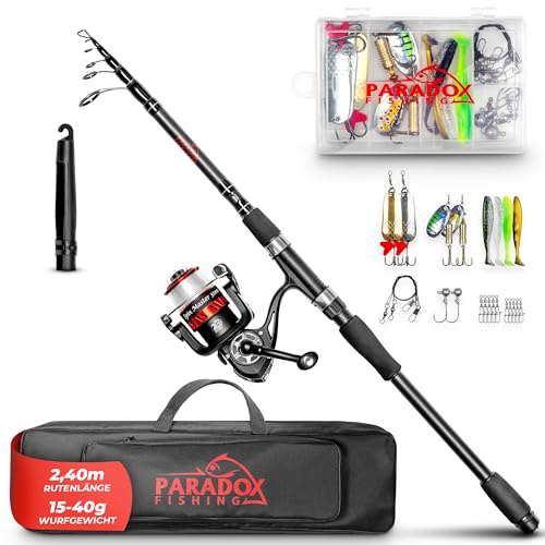 Paradox Fishing Angelruten Set zum Spinnfischen 2,1m/2,4m/2,7m I Teleskop-Rute mit Rolle, Ködern, Angelzubehör und Angel-Tasche I Angel Set – Angel-Set komplett