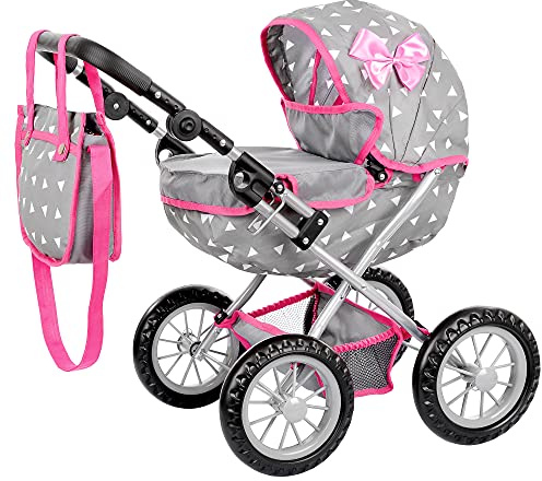Kinderplay Puppenwagen für Kinder ab 3 Jahren – Höhenverstellbarer Griff 33–63 cm, leichte stabile Konstruktion – Rollenspiel zu Hause & unterwegs – Schaumräder, waschbare Stoffe, für Puppen bis 41 cm