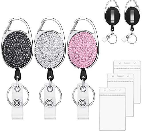 Vicloon Einziehbarer Schlüsselanhänger,3 Stücke Schlüsselband | Ausziehbar mit Ausweishalter,Retractable Schlüsselrolle mit Bling Strass mit ID Kartenhalter,für Lehrer Arzt Krankenschwester
