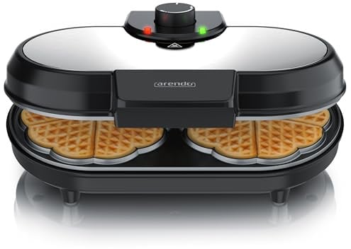 Arendo - Waffeleisen doppelt - Herzform – 1000 Watt – Waffel Maker – antihaftbeschichtet – Herzwaffeln – Temperaturregler - Waffelbackgerät