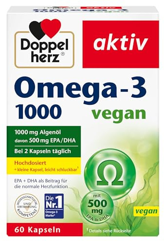 Doppelherz Omega-3 1000 vegan - Hochdosierte Omega-3-Fettsäuren EPA & DHA aus pflanzlichem Algenöl - 60 kleine & vegane Kapseln