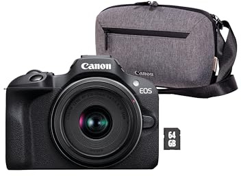 Canon EOS R100 + RF-S 18-45mm F4.5-6.3 is STM Objektiv + Kameratasche + 64GB SD-Karte (Spiegellose Digitalkamera, 4k Videokamera, 24,1 Megapixel, Bildstabilisator, Objektivsteuerring, WLAN) schwarz