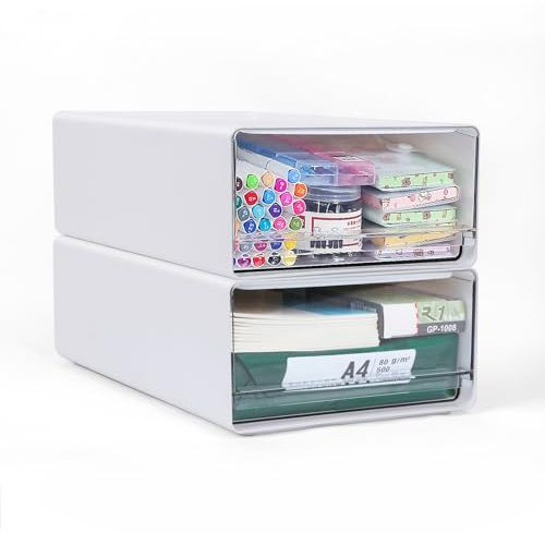 OSTWOLKE 2 Stück Schreibtisch Schubladenbox a4 Gross, Büro Organizer Plastic mit Schubladen Stapelbar, Aufbewahrungsbox mit Schublade für Schreibwaren und Anderes Bürozubehör, Transparent Weiß