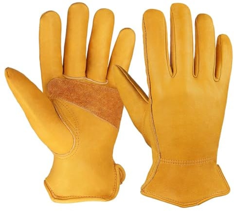 OZERO Gartenhandschuhe Dornenfest Herren Damen, Arbeitshandschuhe Leder | aus Rindsleder mit Gummibund, ungefüttert - für Rosenschnitt, Brombeeren, Brennholz, Werkstatt, Motorrad, Gr. M