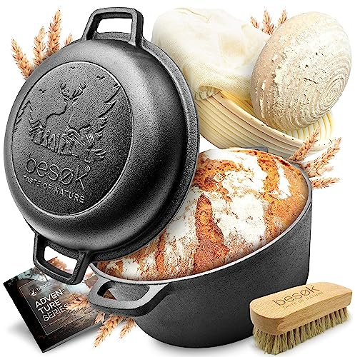 besøk Brottopf Set [inkl. Gärkorb + Bürste + Rezeptheft] Anti-Haft Patina Gusseisen Topf ⌀26 cm [4,7 Liter] zum Brot backen - Brotbackform induktionsgeeignet eingebrannt rund mit Deckel