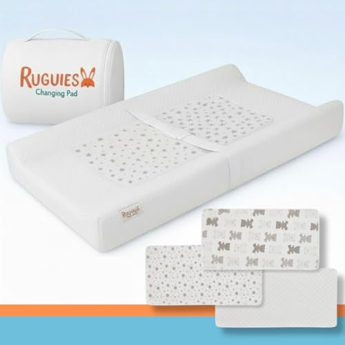 RUGUIES-Wickelauflage für Kommode mit 3 zusätzlichen wasserdichten Bezügen. Wasserdichte und Hypoallergene Windelwechsler. Befestigungsgurt und Anti-Rutsch-Unterlage-80x42cm-OEKO-TEX Zertifiziert.