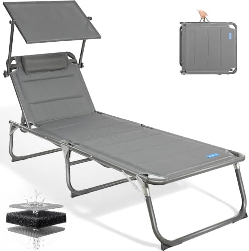 Homecall Sonnenliege Klappbar mit Dach, Kopfstütze, Bis 180 kg, 200x70 cm | mit 5-fach verstellbare Rückenlehne, Quick-Dry-Schaumstoff, Luxus Gartenliege Wetterfest, Aluminiumgestell für Garten, Balkon