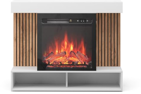 Vicco Elektrokamin Lynea, Weiß, 100 cm mit realistischem Flammeneffekt und Heizung 1800W, zur Wandmontage oder freistehend nutzbar