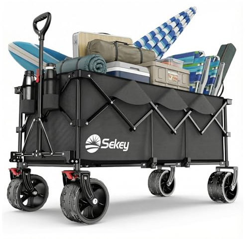 Sekey XXXL Bollerwagen Faltbar 300L 200KG Belastbar, verlängerter Faltbollerwagen mit Extra Breite 17x10 cm All-Terrain-Räder Handwagen, Patentiert 4-Wege-Sofortaufbau Transportwagen, Anthrazit